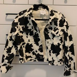 Cow print cropped jean jacket
